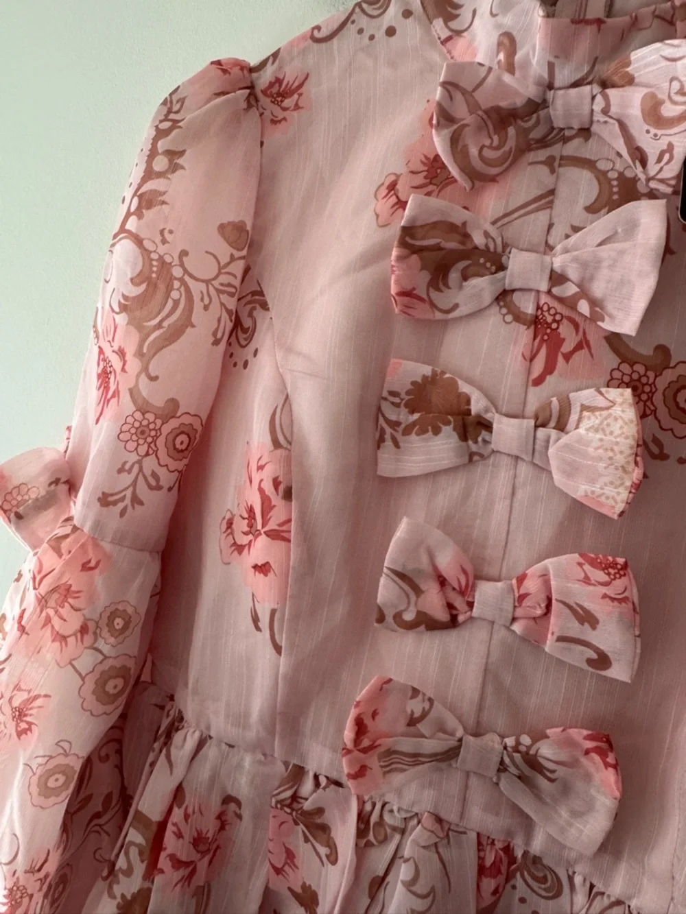 NEW!! INA Pink Floral Bow Front Sheer Mini Dress Coquette Cottagecore Romantic - Picture 5 of 8